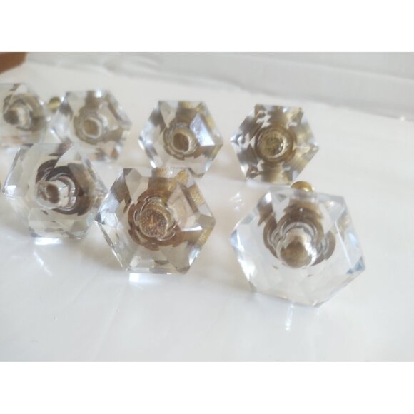 Vintage Cut Glass Drawer Pulls 1 1/4" Hexagonal Brass Inserts (lot of 11) - Picture 3 of 13